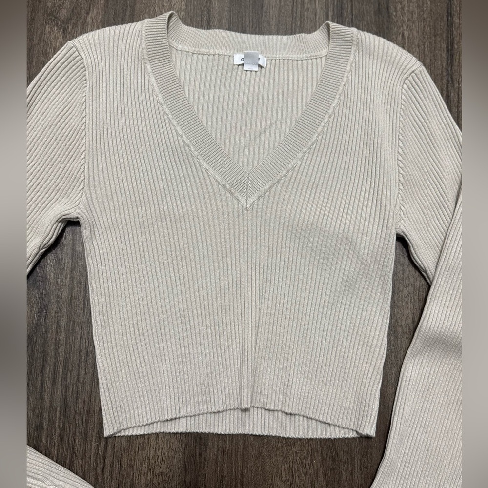 Garage Beige Ribbed Long Sleeve Top